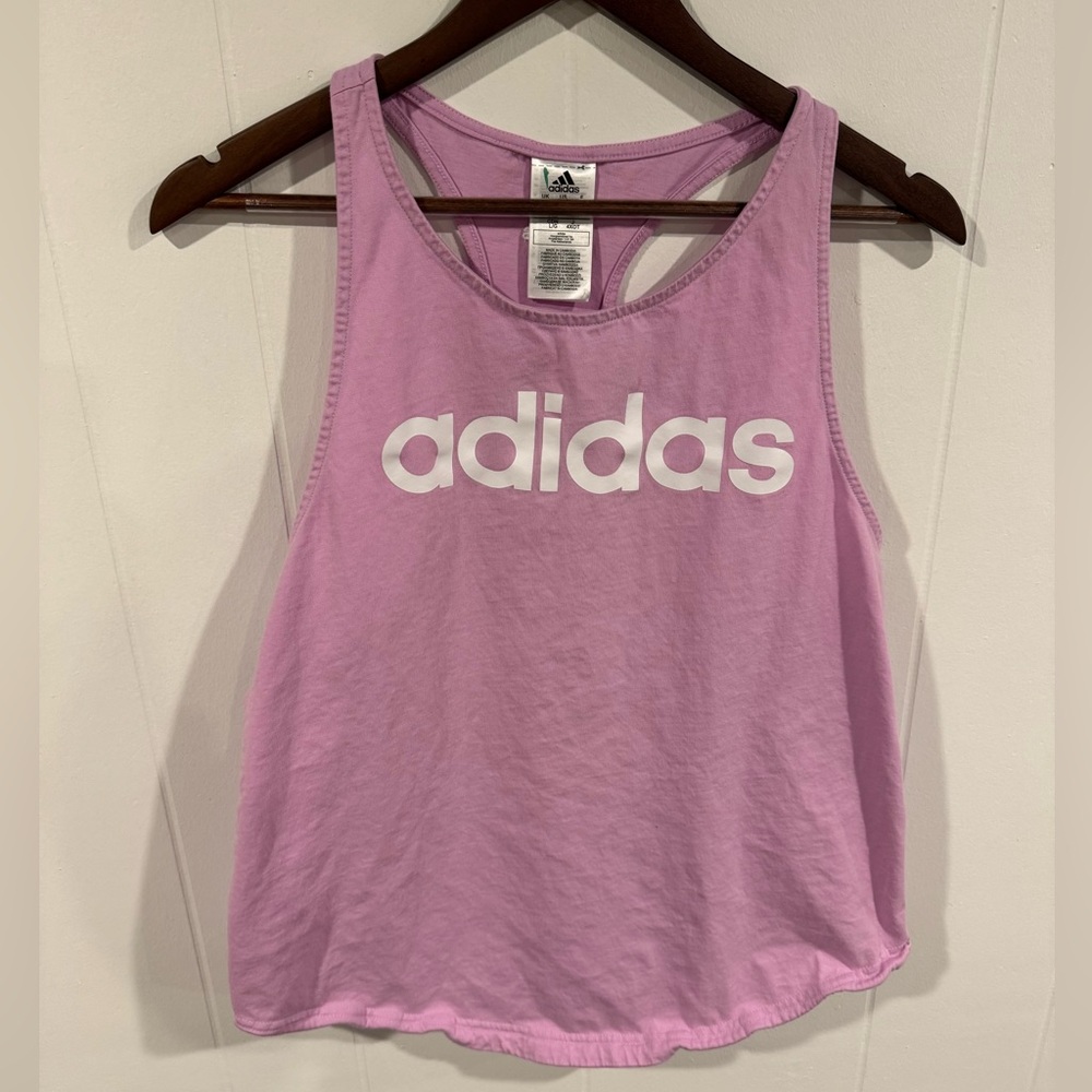 Pink Adidas Tank Top Size Large White text Workout Wear